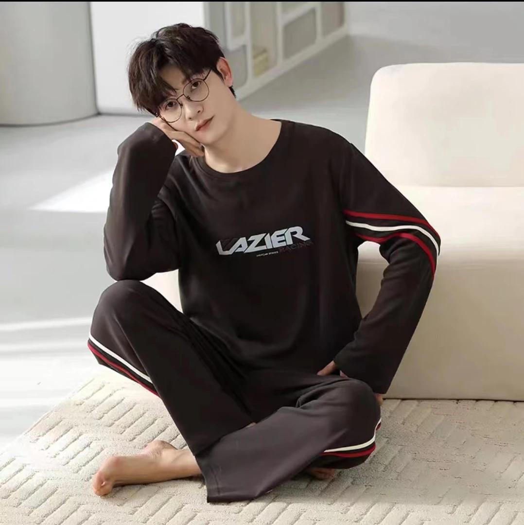 新款秋冬纯棉男士圆领长袖长裤睡衣套装英语黑色9519 YZT
