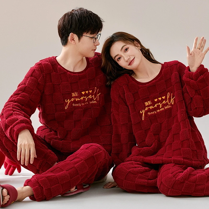 红色情侣睡衣女秋冬珊瑚绒法兰绒爆款保暖结婚新婚本命年男家居服