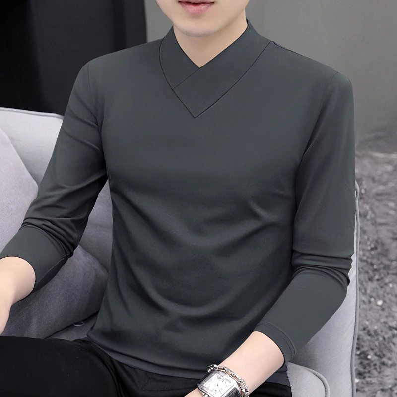 纯色秋冬打底衫男韩版修身显瘦潮流休闲时尚外穿V领长袖t恤男