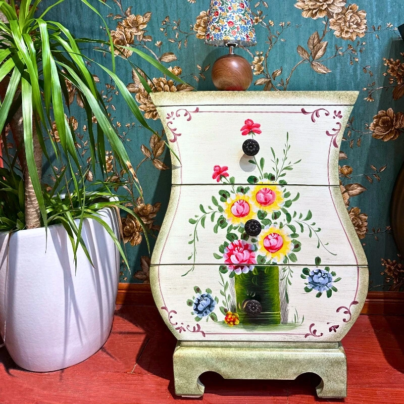 美式乡村彩绘田园花瓶柜实木复古三斗柜卧室收纳储物柜
