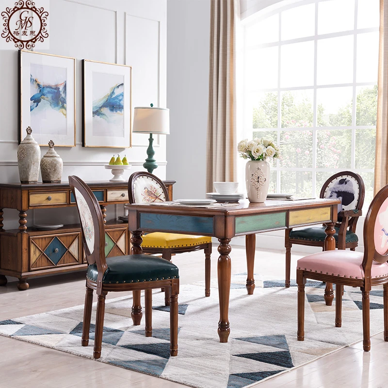 美式实木餐桌椅组合简约复古客厅多功能长方形吃饭桌子小户型餐桌