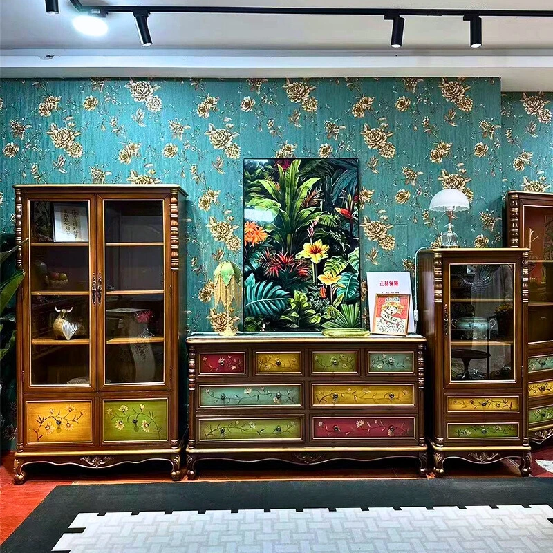 美式复古彩绘斗柜客厅大容量储物柜餐边柜客厅边角收纳柜