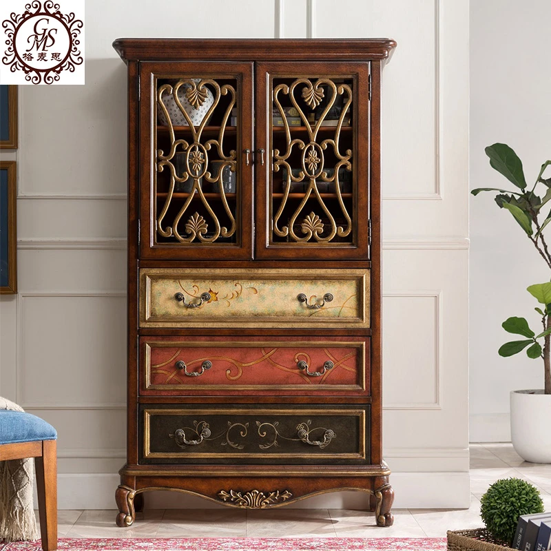 美式实木玄关柜酒柜客厅隔断柜雕花装饰柜复古靠墙双门角柜储物柜