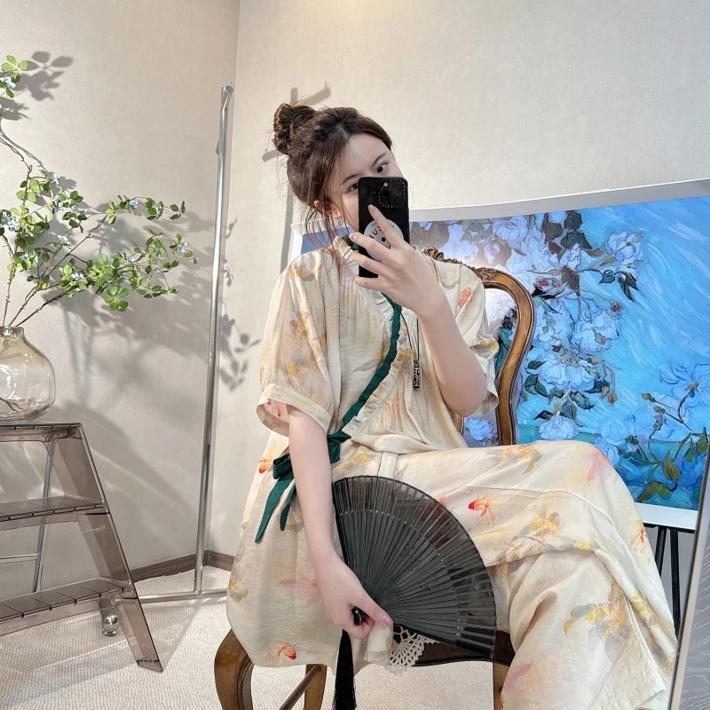 【渔声晚】新中式国风印花斜襟睡衣女夏季薄款可外穿古风家居服套装