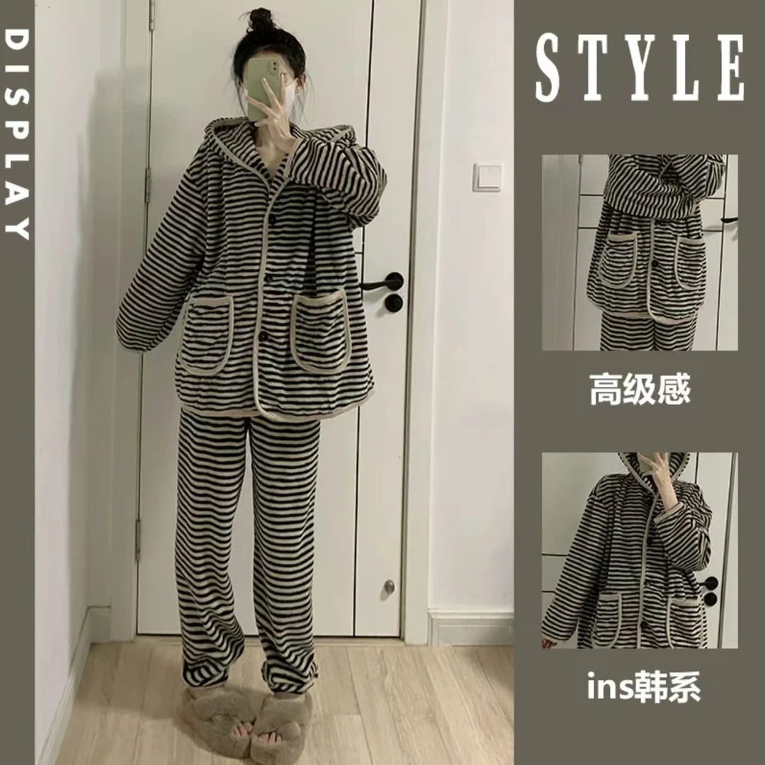 韩系高级时尚珊瑚绒睡衣连帽女款冬季新款毛绒大码外穿家居服套装