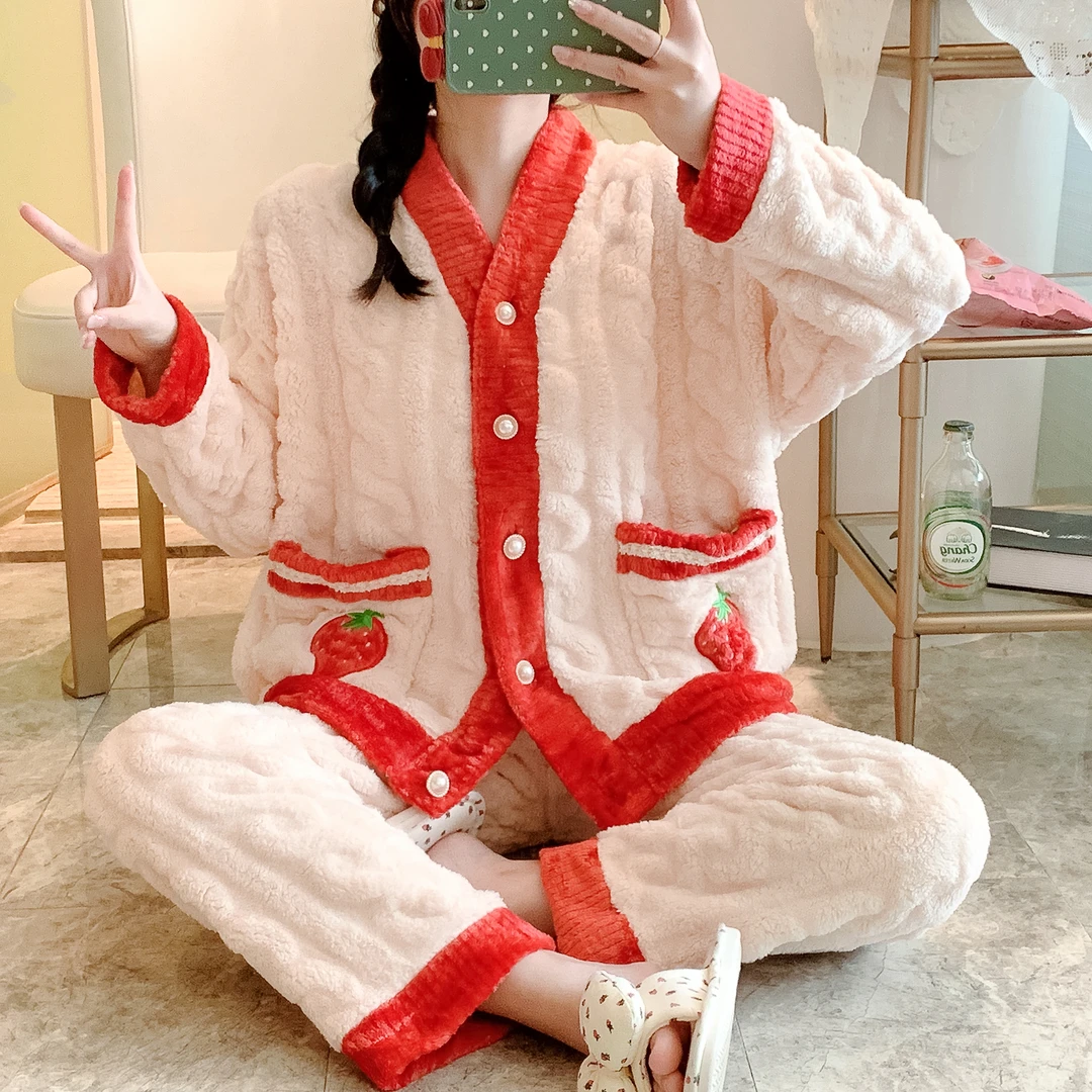 睡衣秋冬女法兰绒加厚翻领韩版珊瑚绒开衫保套装家居服大码