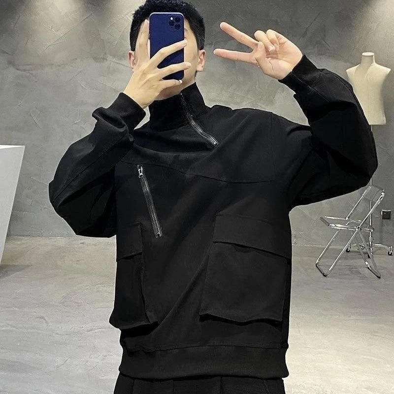 新款半拉链卫衣男立领春秋宽松长袖高档宽松色休闲工装套头外套