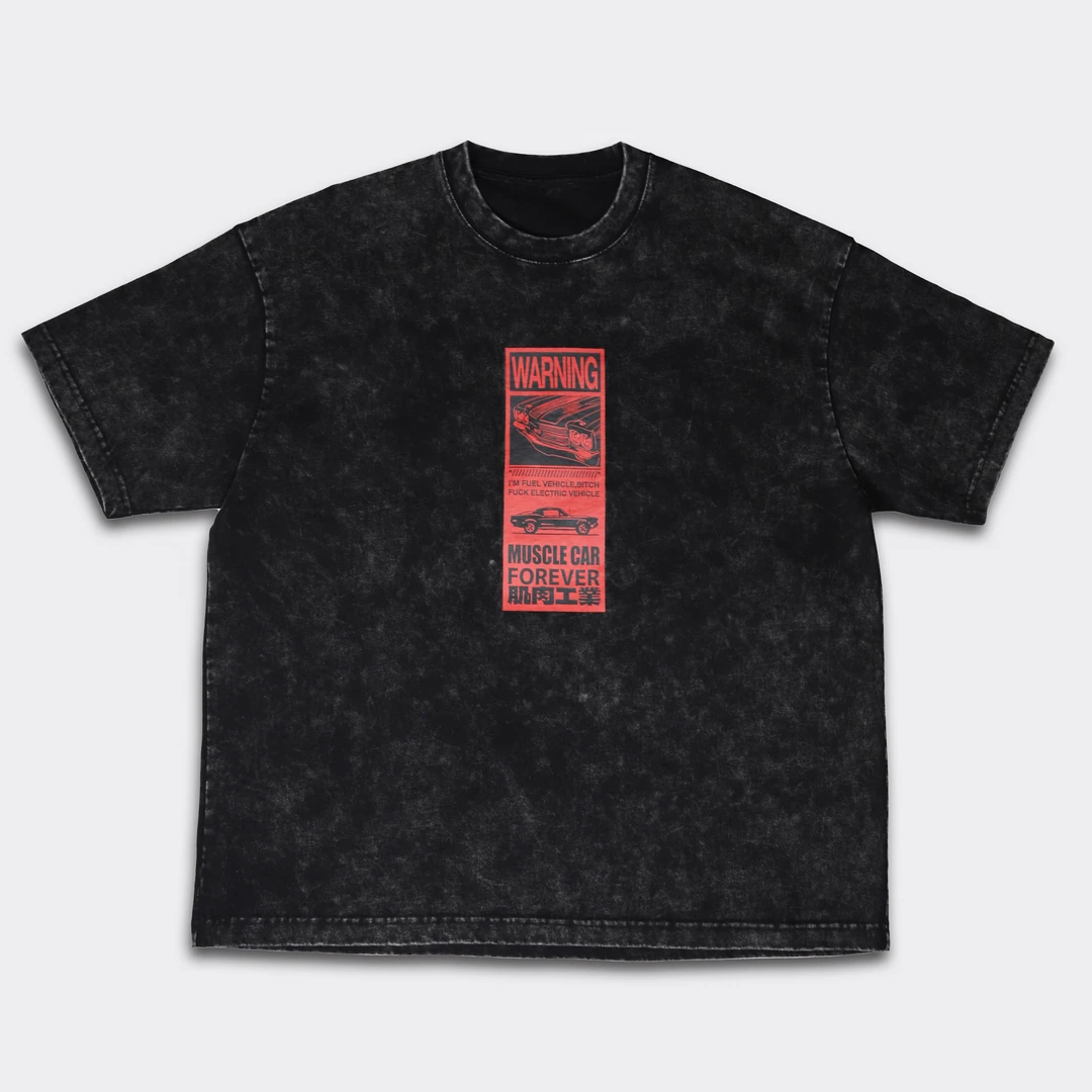 掌年无有记原创图案老车主题印花短袖圆领宽松做旧复古黑色T恤