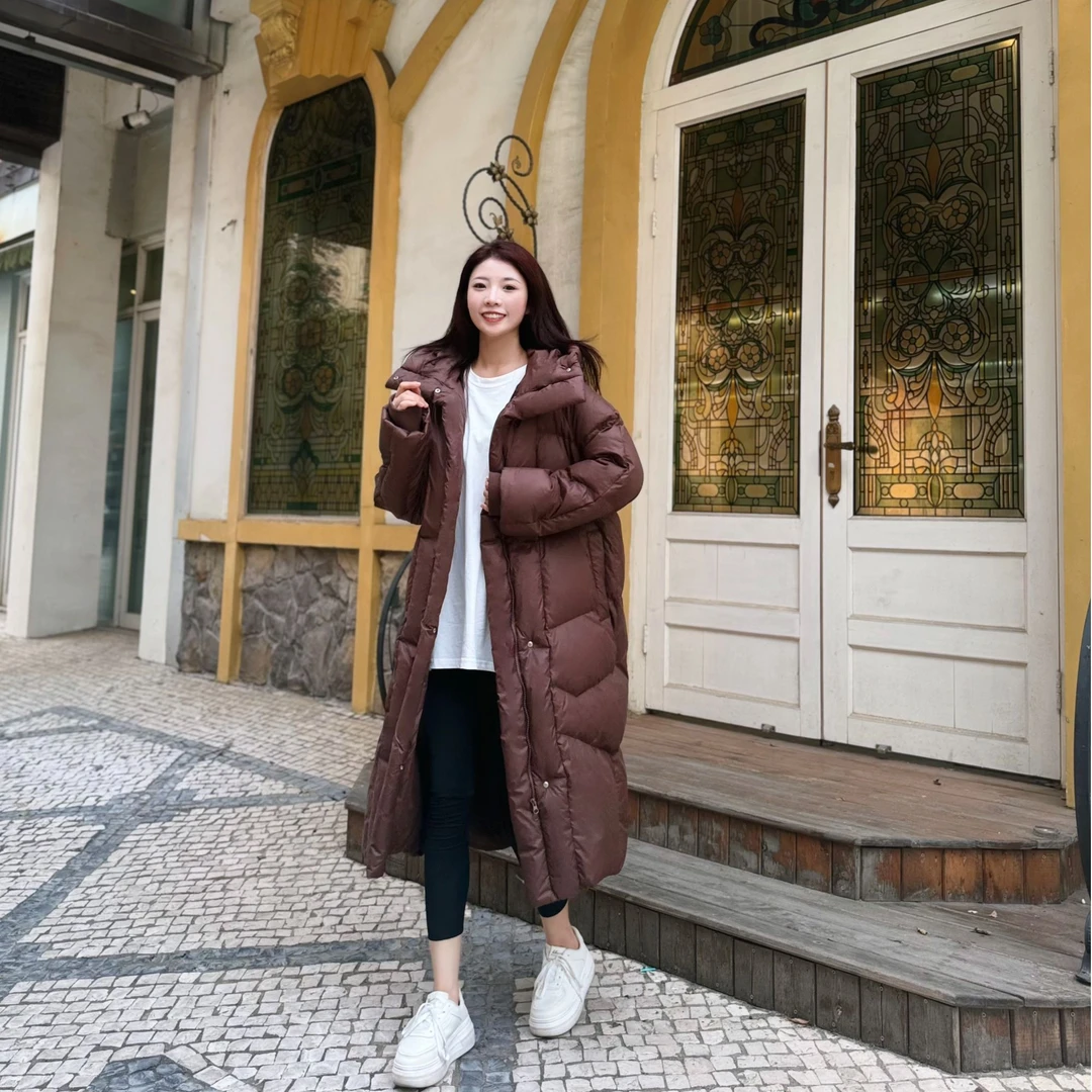 韩版连帽过膝保暖时尚休闲百搭加厚秋冬立领长款白鸭绒羽绒服