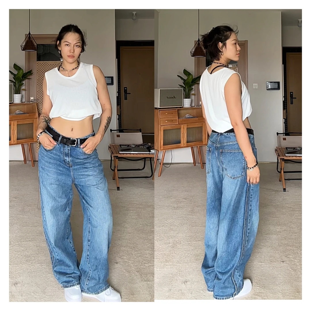 日式复古流苏宽松水洗牛仔裤9203