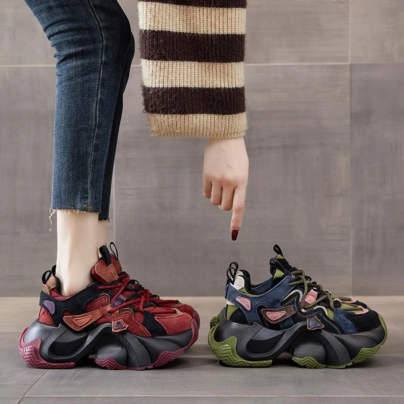 拼色厚底老爹鞋女2023秋冬新款复古厚底增高百搭学生休闲运动鞋