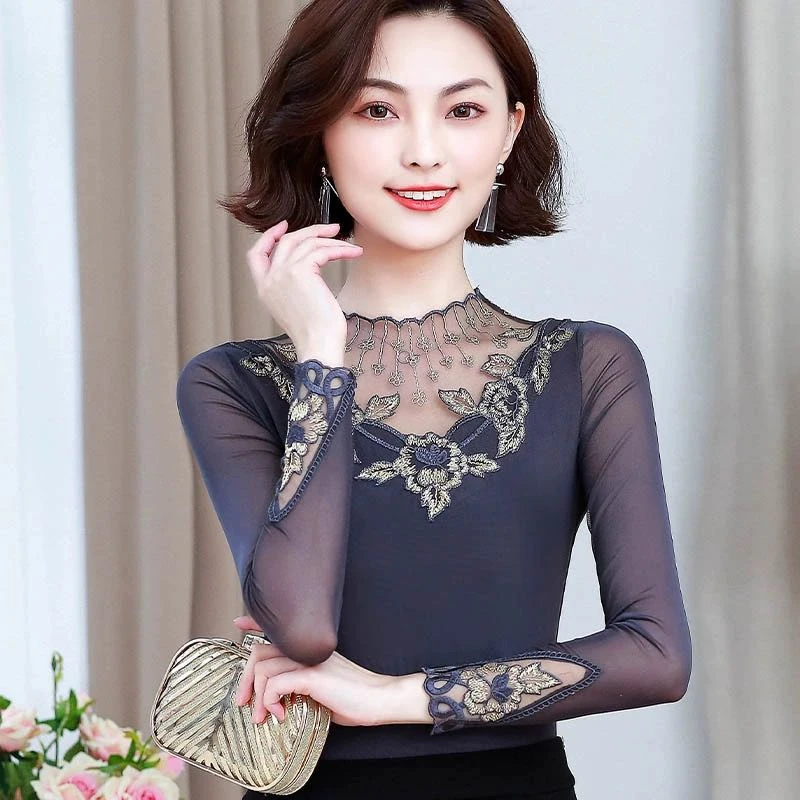 GZ066 蕾丝打底衫女小衫2024新款秋装洋气时尚镂空上衣长袖