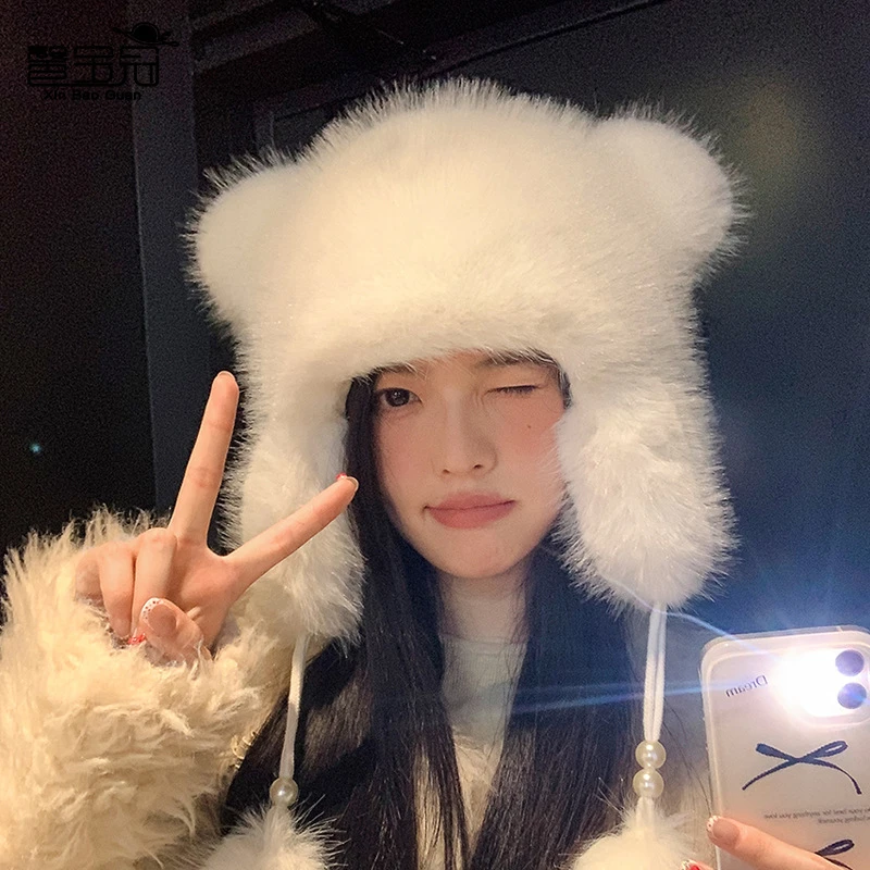 2024新款软糯糯的雷锋帽毛茸茸的小熊帽滑雪防寒保暖套头帽子女