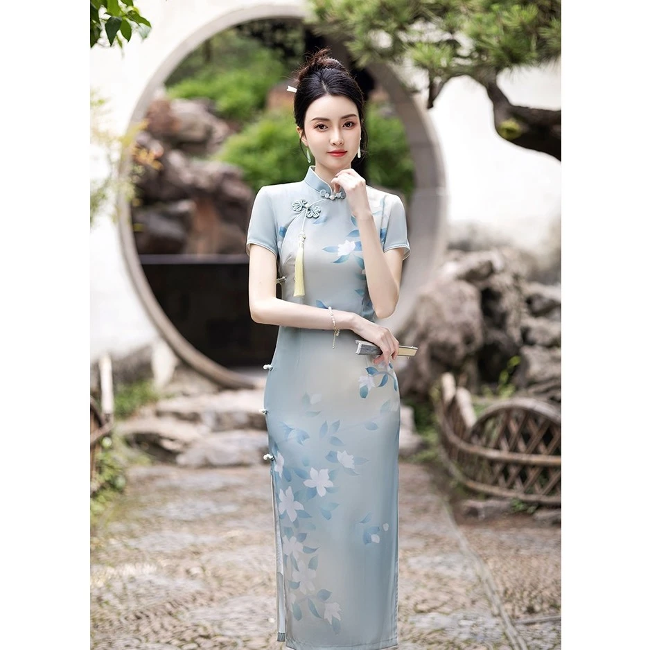 （清香）120公分斜纹缎气质修身显瘦日常复古时尚中国风旗袍  翠001