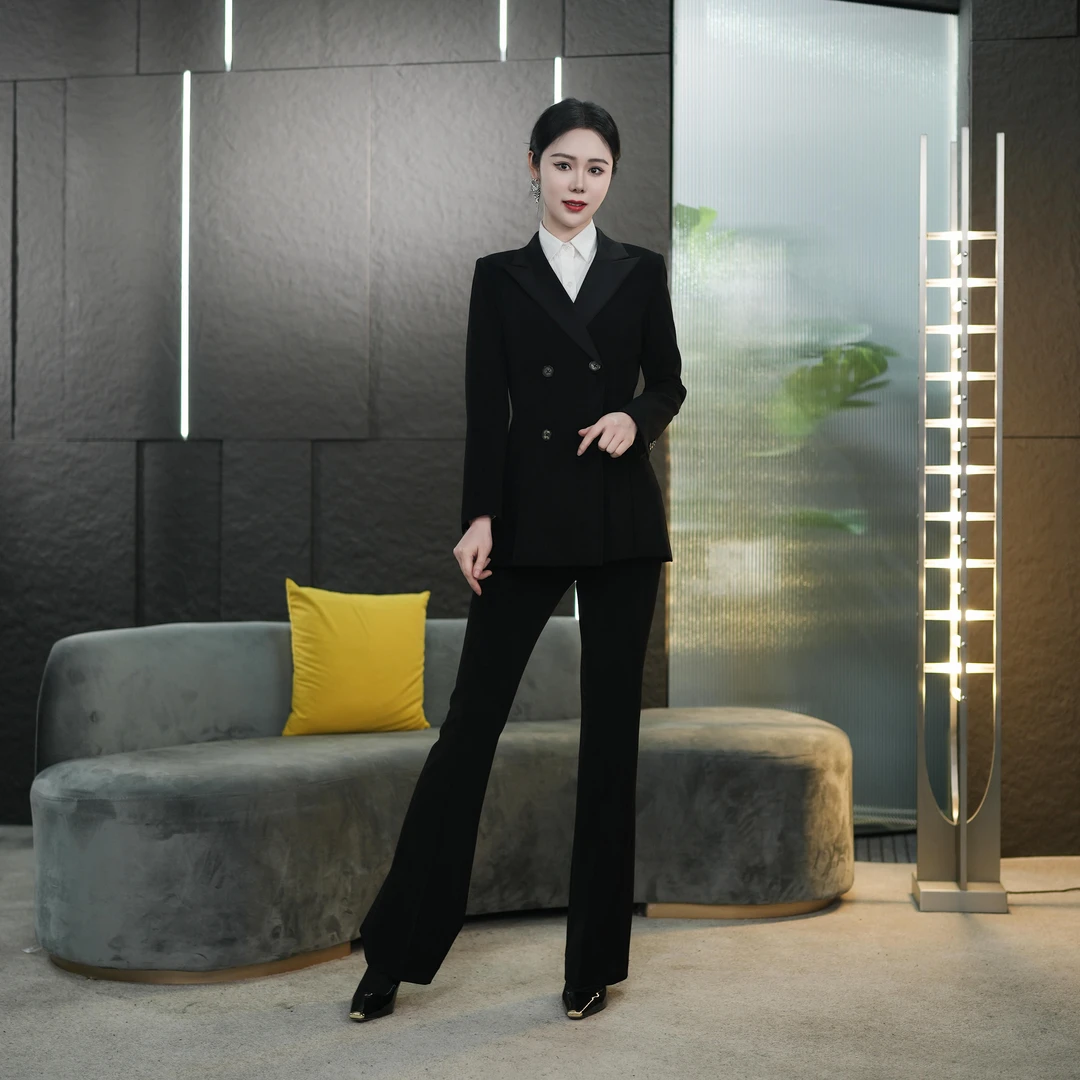 【丽爷】361-80四季款黑色微喇裤西装套装（驳领高光款）