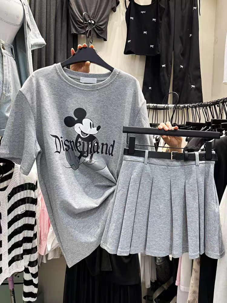 运动套装女夏季卡通米奇上衣+半身裙套装两件