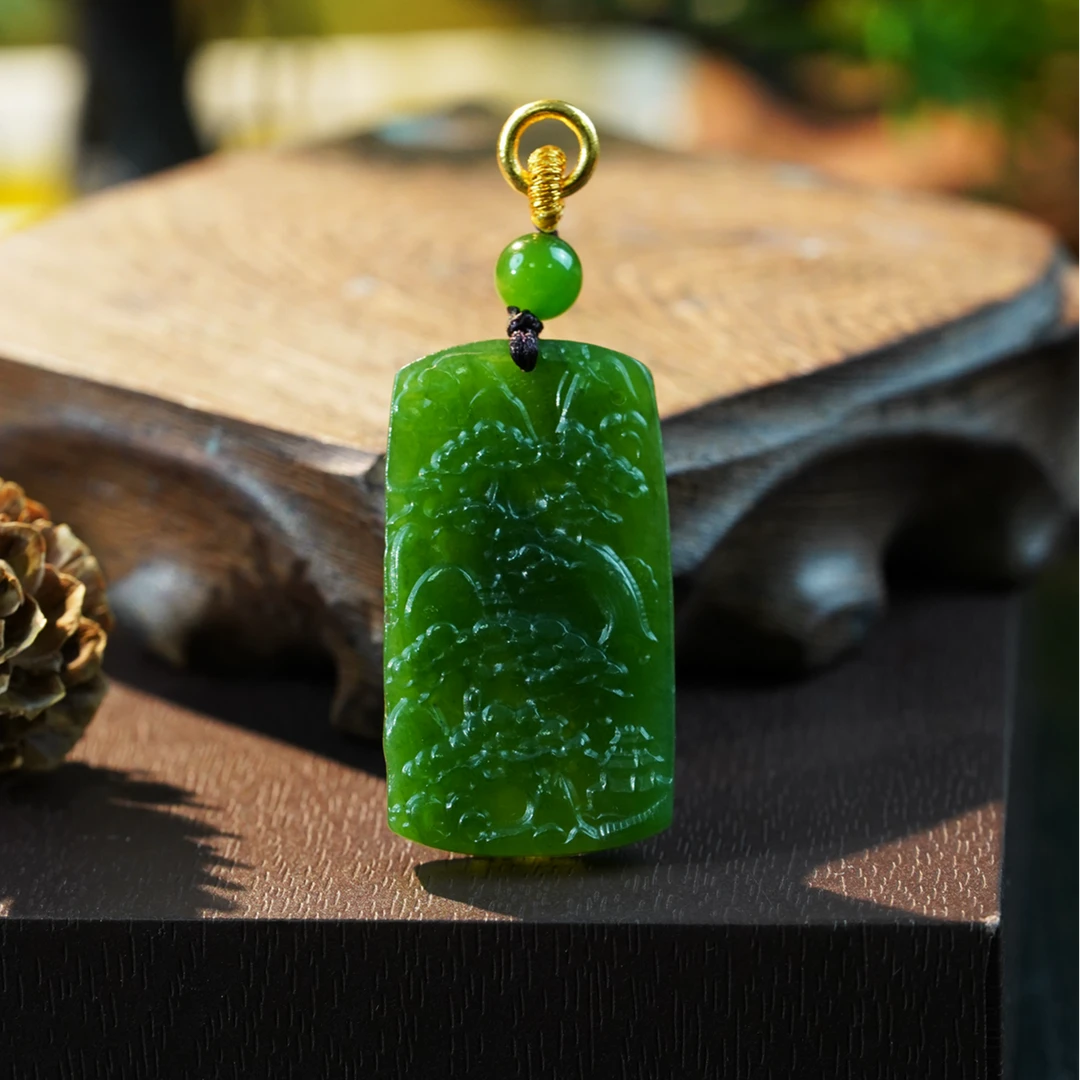 【石缘居珠宝】18K金扣头和田玉碧玉佩戴时尚款山水牌吊坠 C40-127