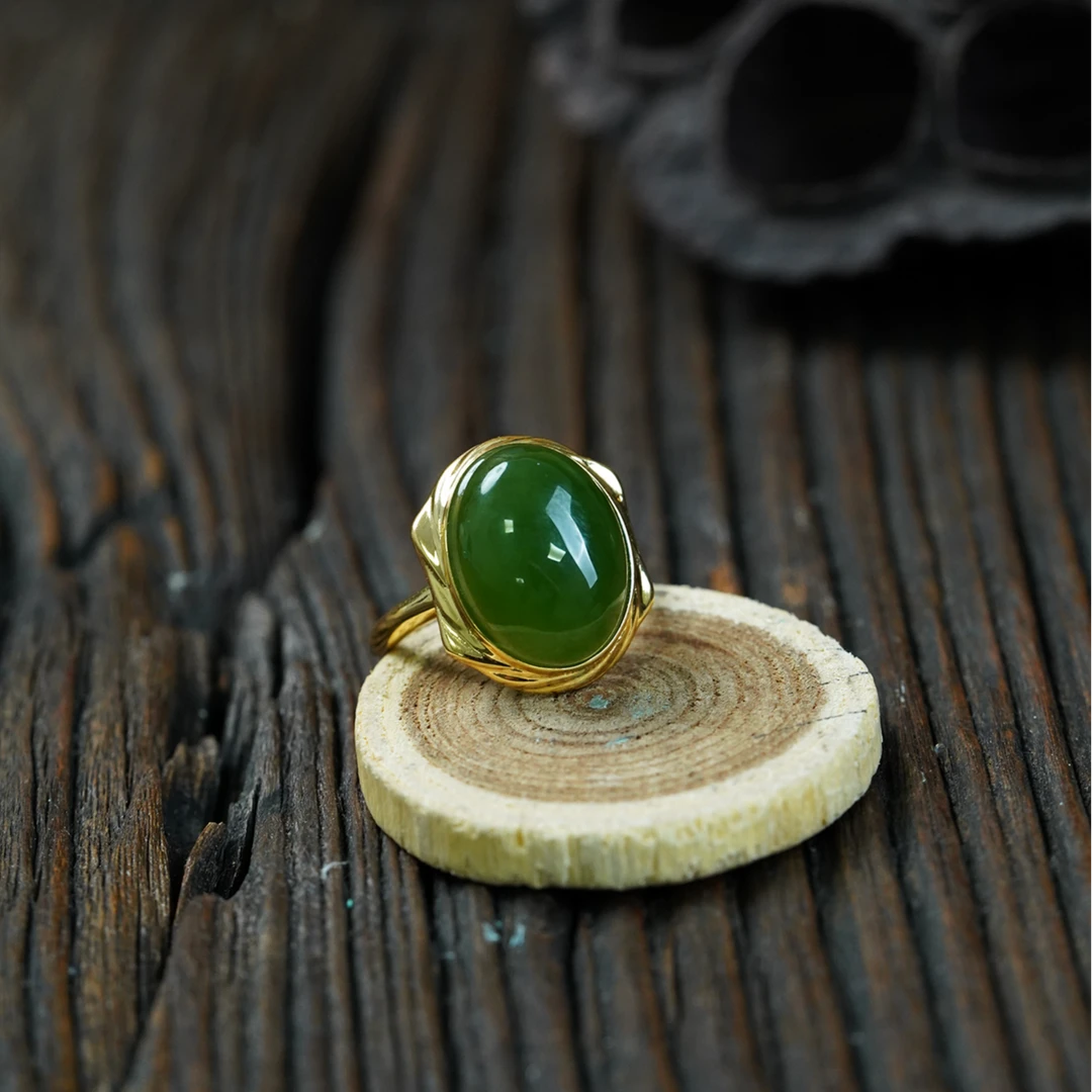 【石缘居珠宝】S925银镶和田碧玉大气蛋面戒指 C46-166双十一好物节