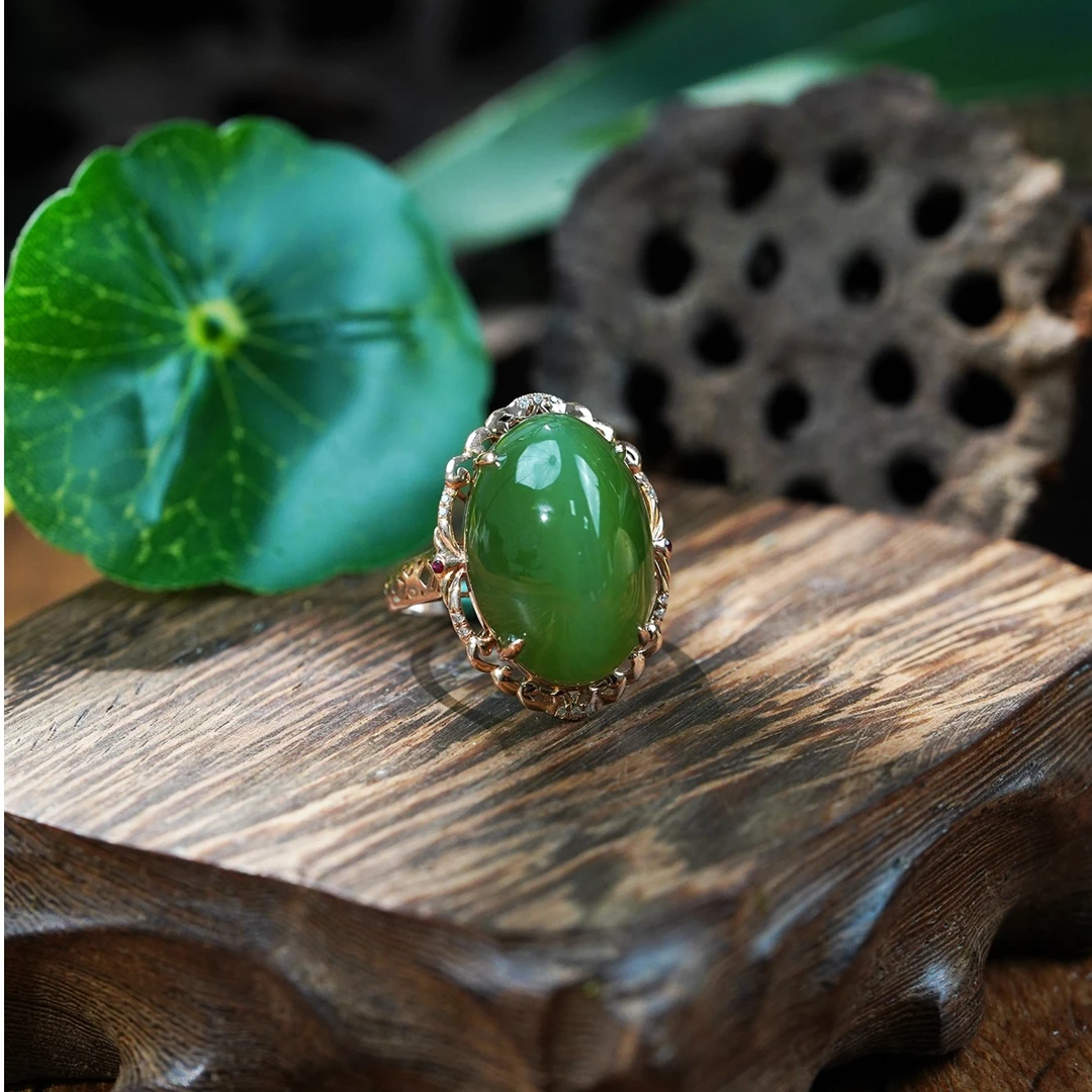 【石缘居珠宝】18K金镶嵌和田玉碧玉大气高贵款猫眼蛋面戒指C12-D13