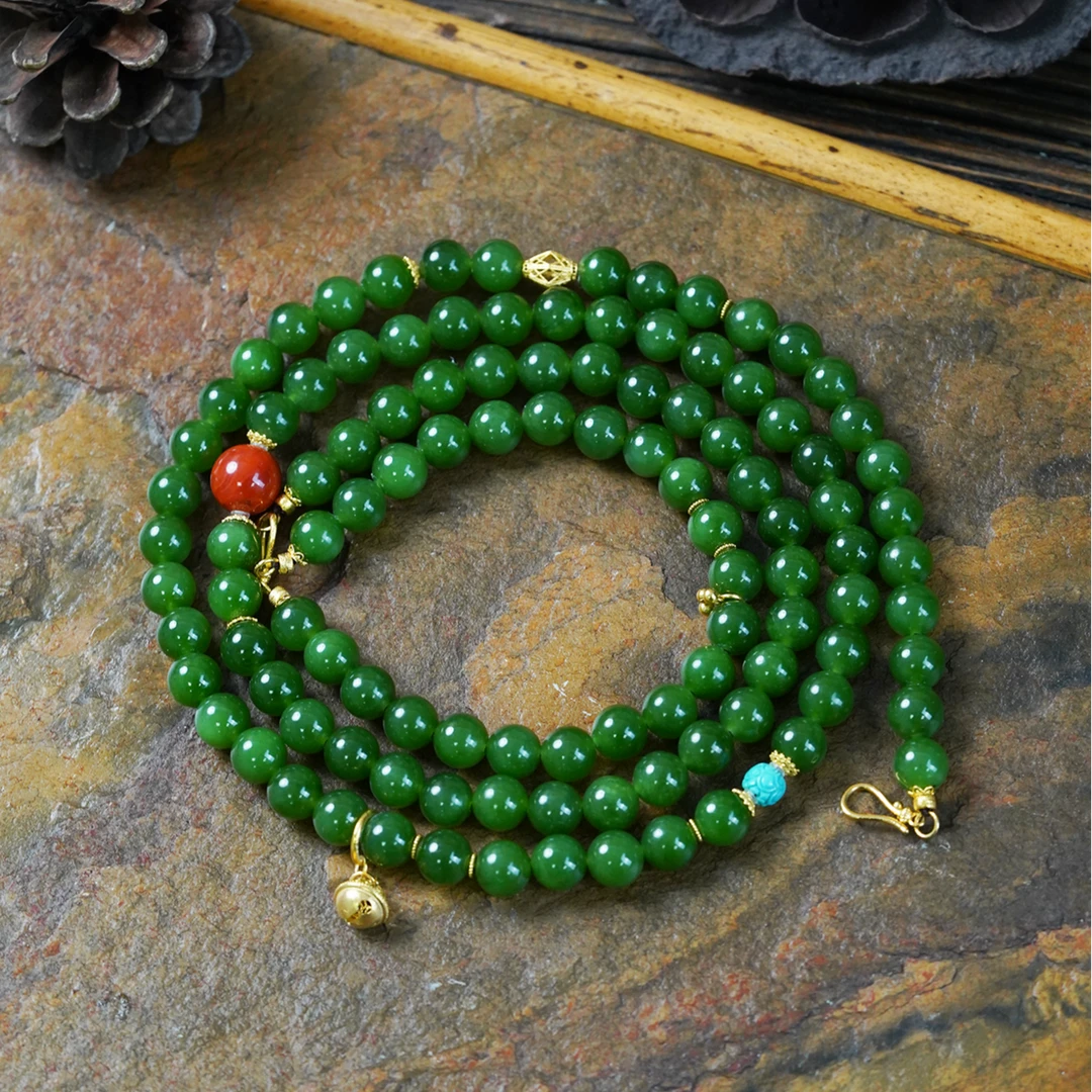 【石缘居珠宝】18K金镶嵌和田玉碧玉佩戴高贵大气款多用珠链C58-293