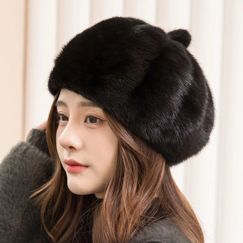 2023冬季水貂整皮女士保暖百搭加厚八角帽南瓜帽蓓蕾帽护耳帽子