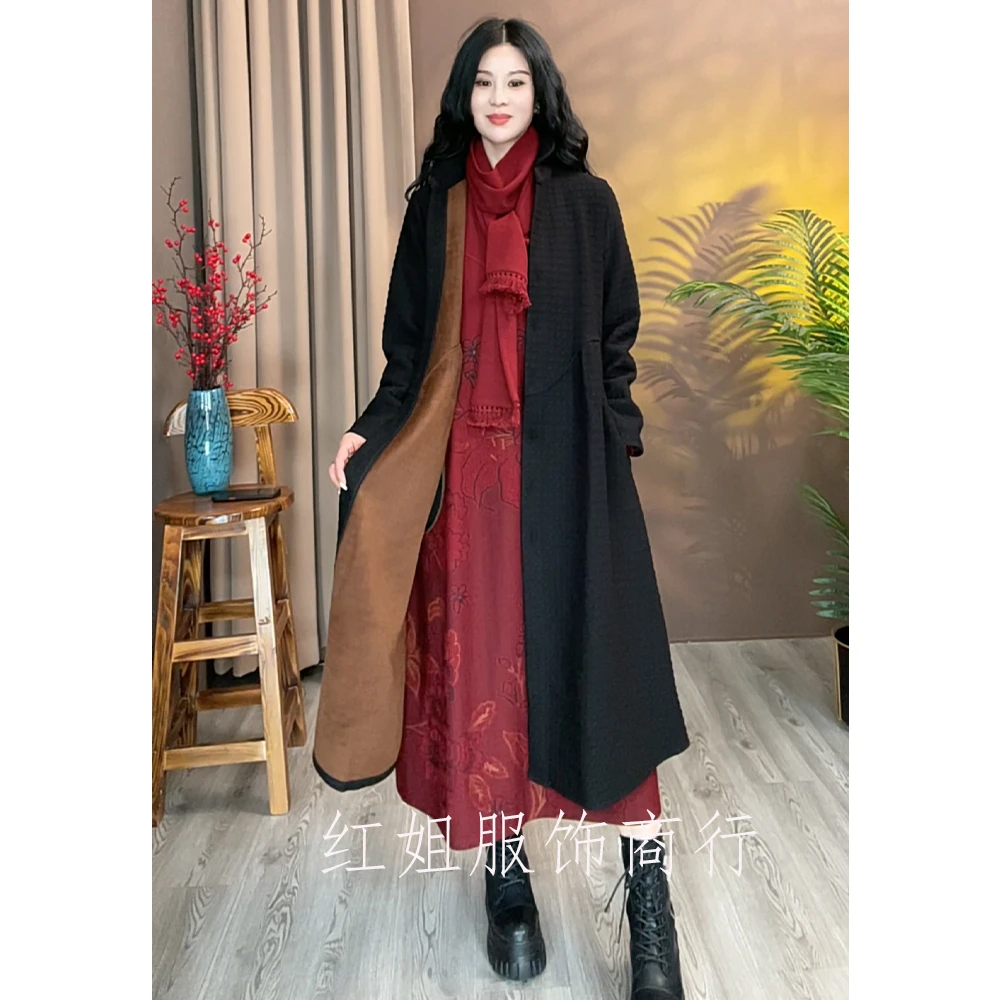冬季加绒加厚纯色百搭休闲气质宽松遮肉提花外披中长款外套363