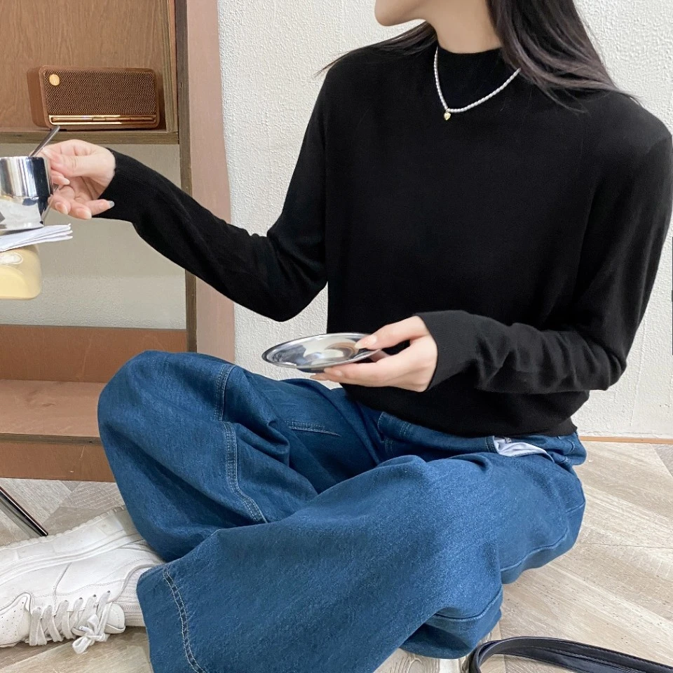 新款超细精仿针织中领长袖百搭女装时尚休闲针织衫8802中领