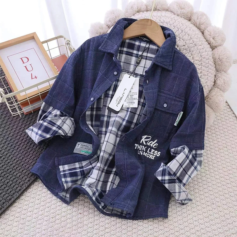 21446 男童衬衫儿童长袖衬衣春秋新款上衣童装休闲格子中大童帅气