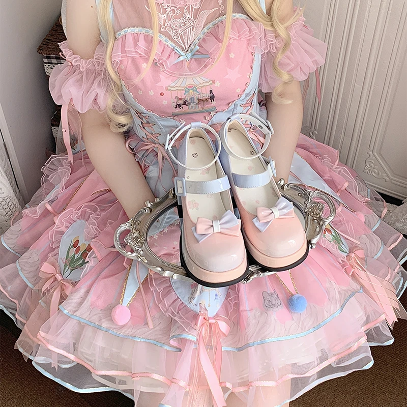 清仓流心软糖心萌少女Lolita原创渐变色蝴蝶结百搭防水台高跟鞋