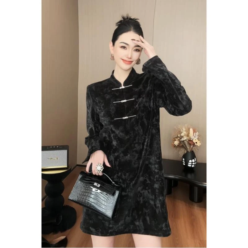 紫紫 中式美学砂洗双面绒连衣裙女黑色复古休闲时尚裙子 ZSJC0118