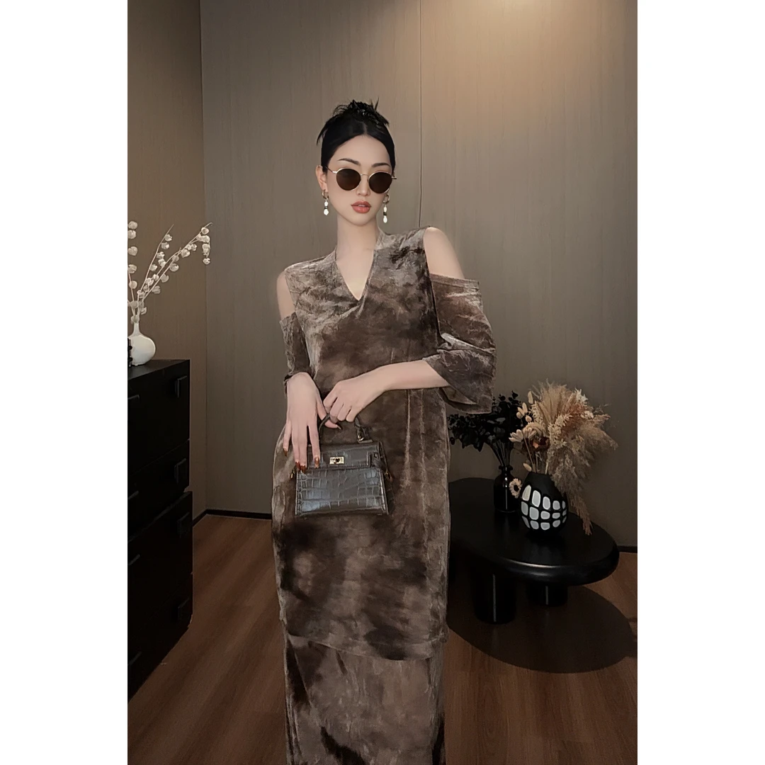 紫紫 落雁 中式晕染春秋连衣裙2024新款显瘦轻奢裙子 ZC07LZYL513