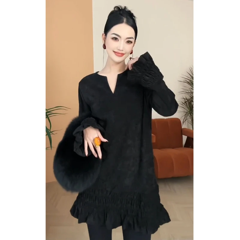 紫紫 恒常优雅晕染荷叶边连衣裙女轻奢气质双面绒小黑裙 ZSJB1012