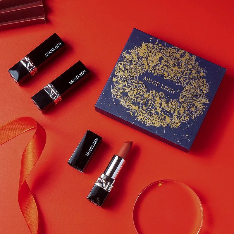 三支礼盒装【新疆西藏包邮】新款黑管口红礼盒   持久不掉色口红