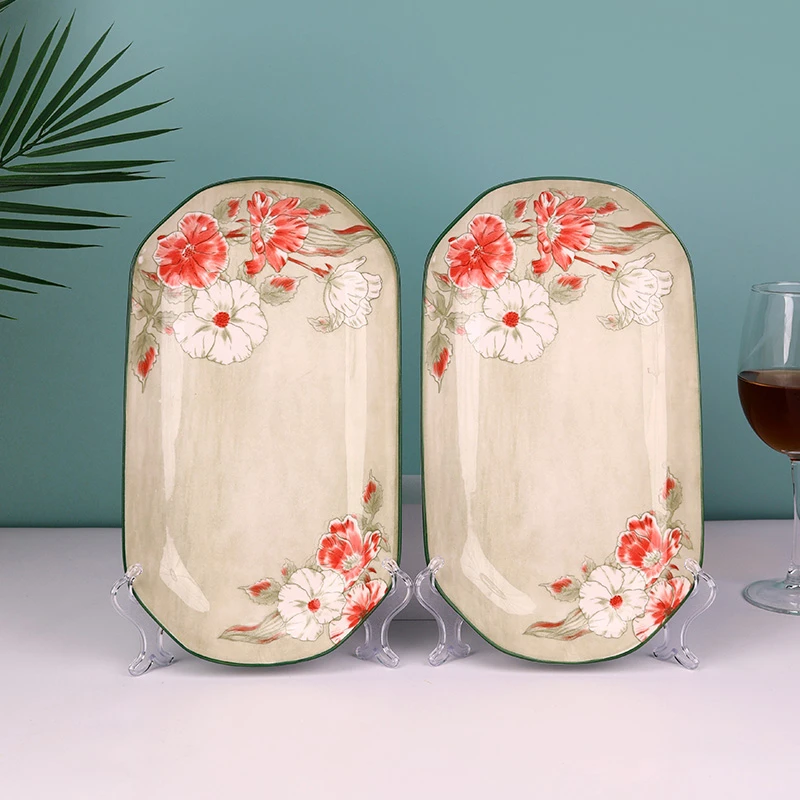 孟垣中式花开富贵12英寸高颜值家用陶瓷釉下彩长方形鱼盘蒸鱼盘