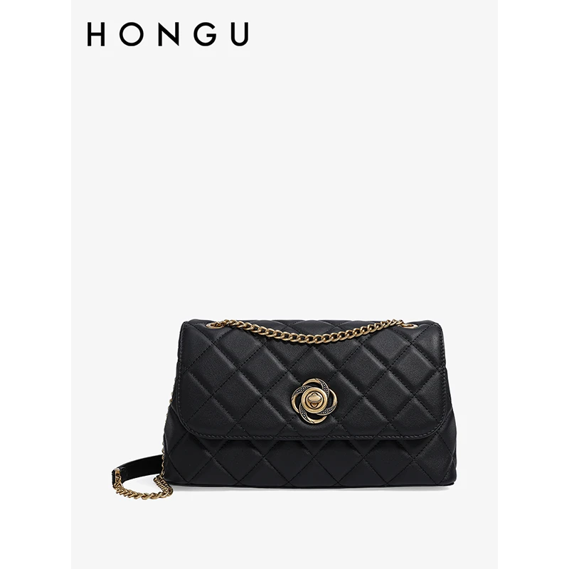 HONGU/红谷时尚新款真皮经典小香风女包百搭菱格单肩包中号方胖子