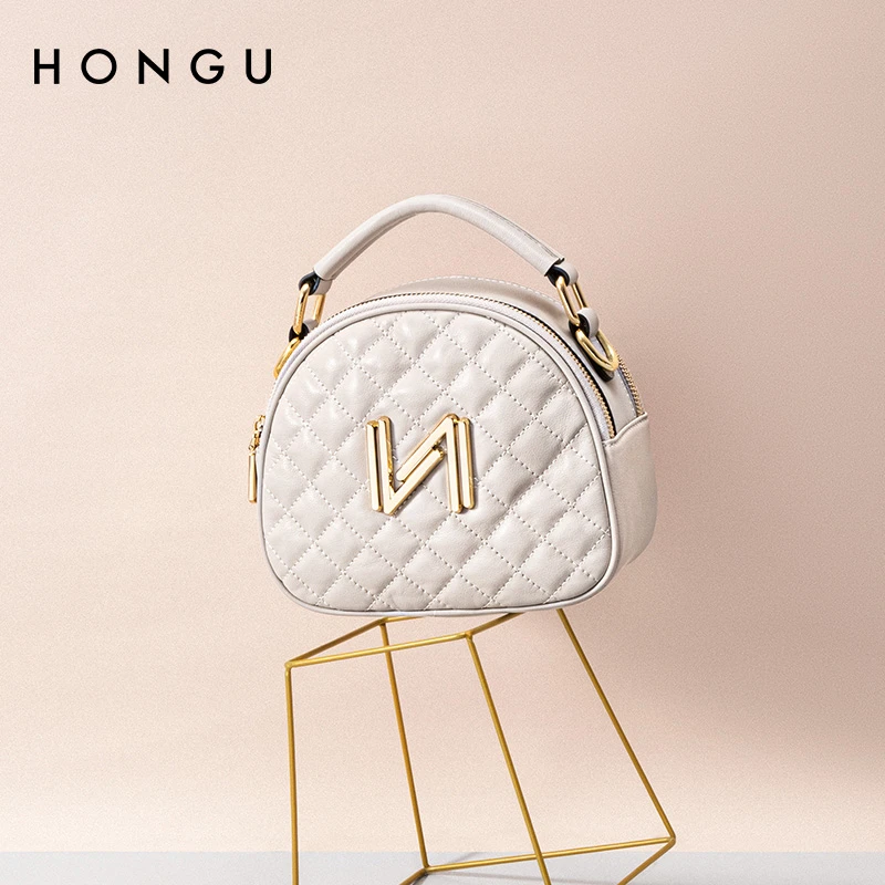 HONGU/红谷时尚春夏季新款牛皮单肩手提包菱格贝壳包时尚斜挎包