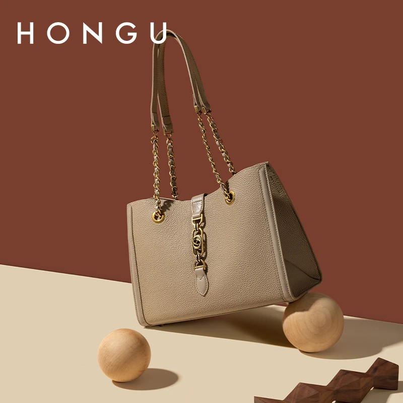 HONGU/红谷新款真皮牛皮女士百搭时尚单肩包休闲简约水桶包包5691