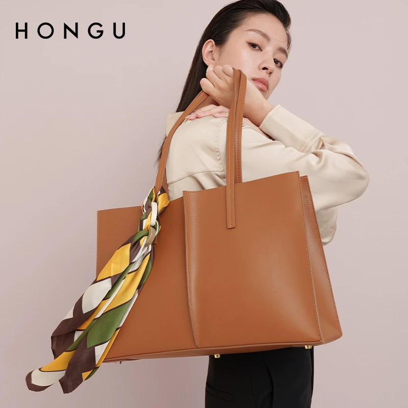 HONGU/红谷时尚女士秋冬复古大容量牛皮托特包休闲单肩包包4997