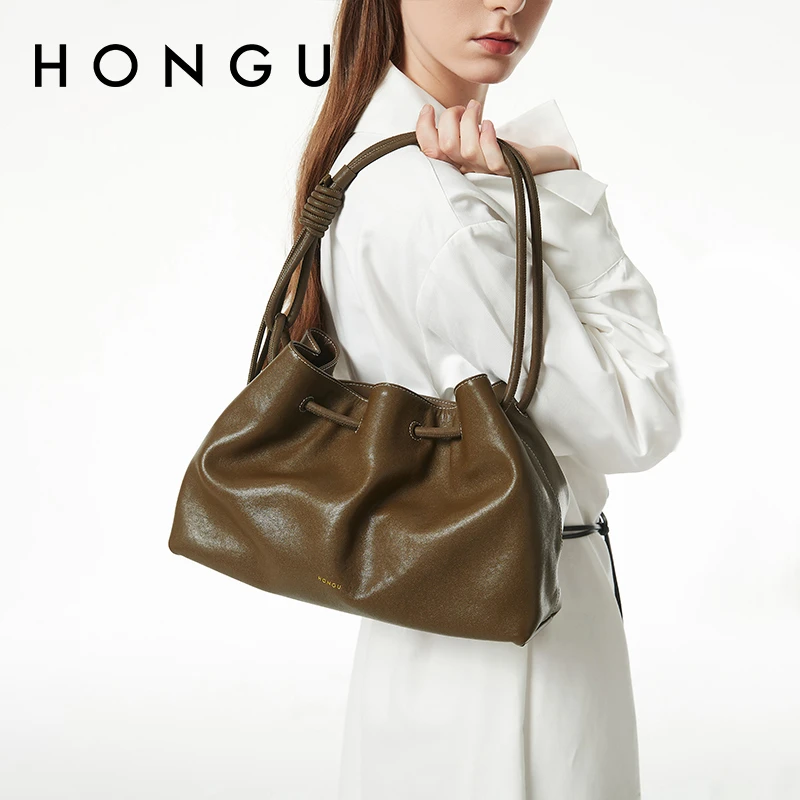 HONGU/红谷新款时尚百搭单肩包斜挎包休闲通勤牛皮褶皱包H5176126