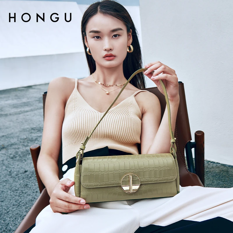 HONGU/红谷新款牛皮女士经典法棍包单肩包腋下包女百搭小包包4614