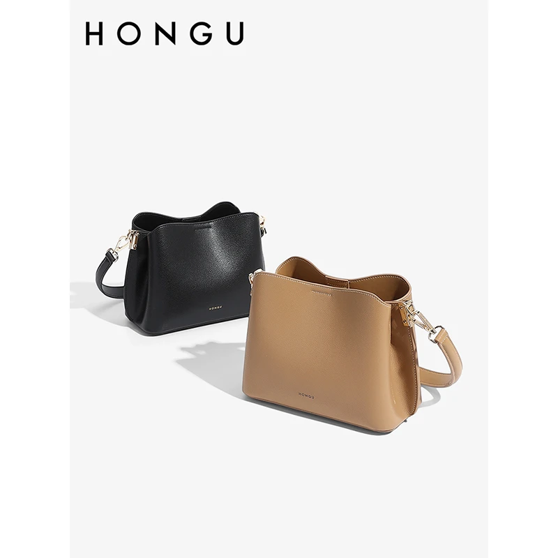 HONGU/红谷时尚新款女士牛皮简约百搭水桶小包包潮流单肩斜挎女包