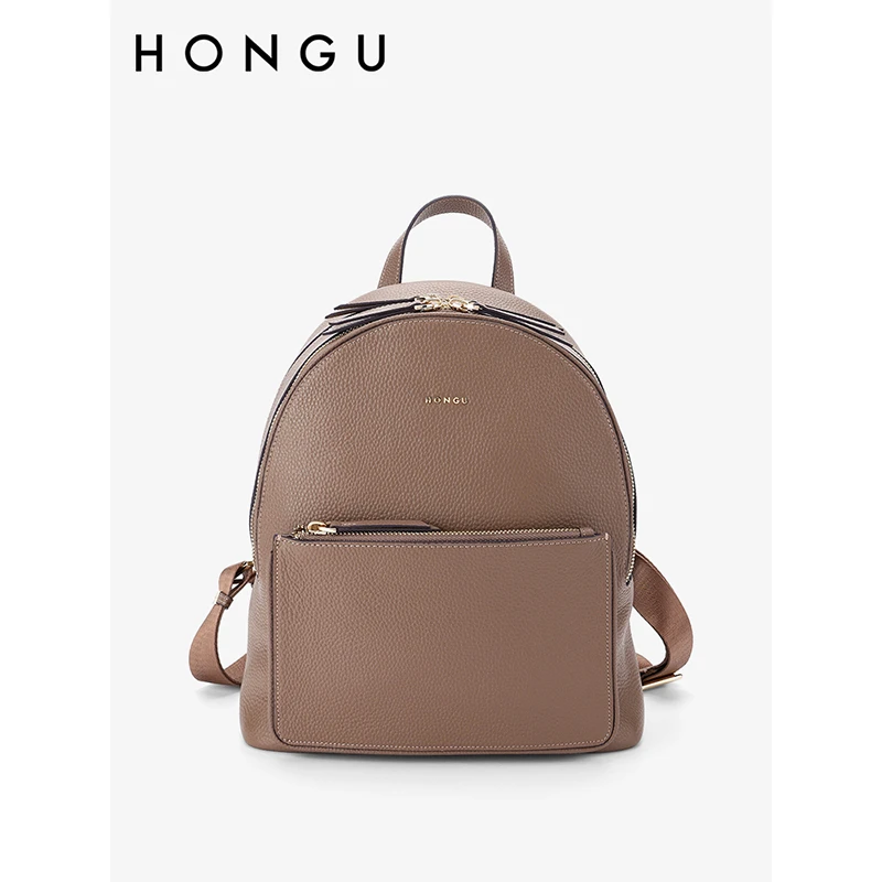 HONGU/红谷时尚新款真皮女士百搭简约双肩包女背包牛皮休闲女背包