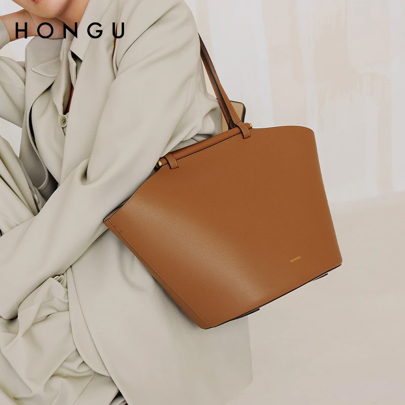 HONGU/红谷新款牛皮女士大单肩手提两用包托特水桶通勤百搭托特包
