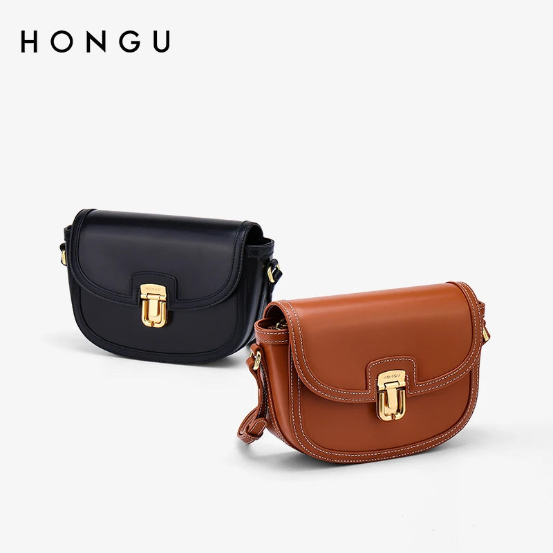 HONGU/红谷时尚新款牛皮女士小众单肩马鞍小包包百搭撞色女包包