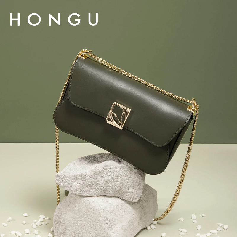 HONGU/红谷时尚新款牛皮轻奢女士单肩斜挎包潮流小众女小包包5498