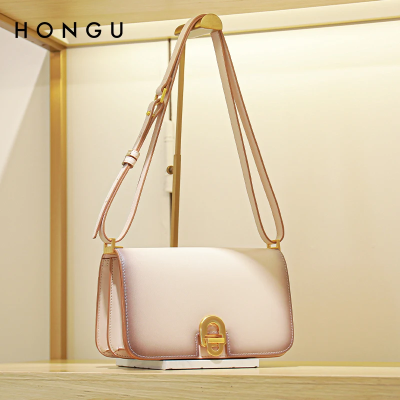 HONGU/红谷新款牛皮单肩时尚百搭女士纯色简约真皮休闲小众腋下包