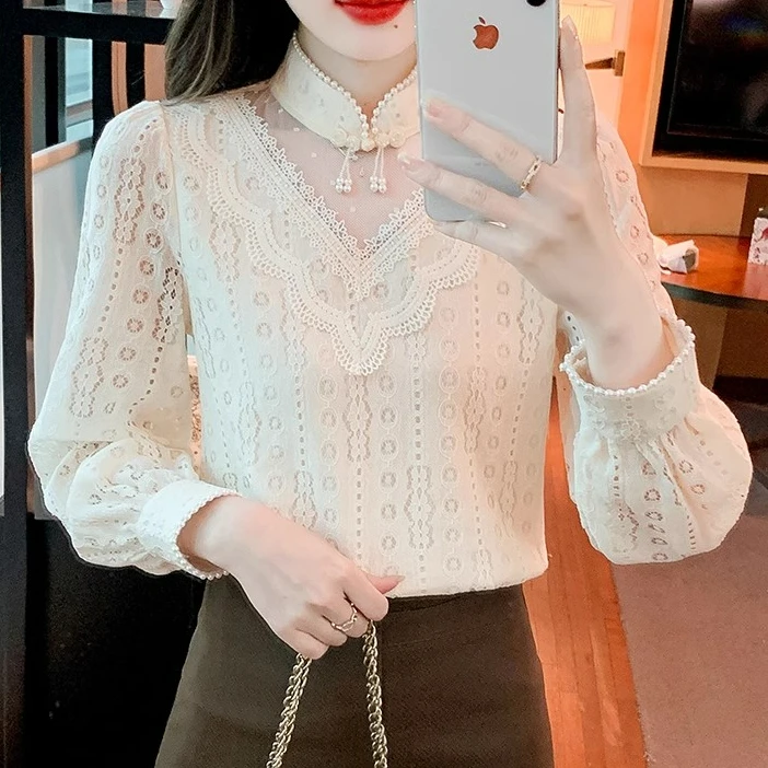 加绒加厚蕾丝打底衫女秋冬季内搭长袖小衫时尚新中式改良旗袍上衣