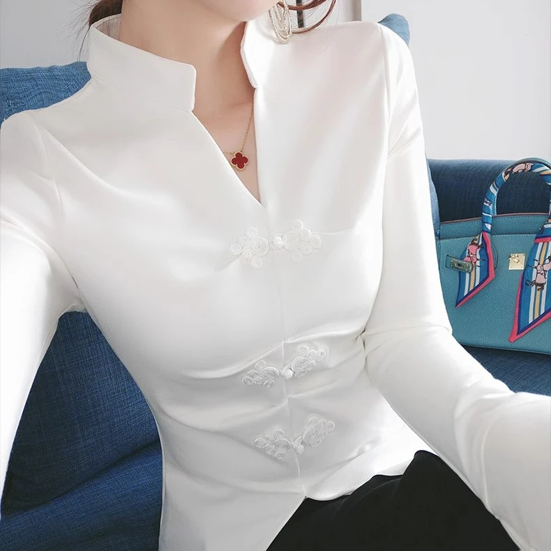 民族风盘扣衬衫女春秋装新款时尚修身上衣内搭气质中国风打底衫女
