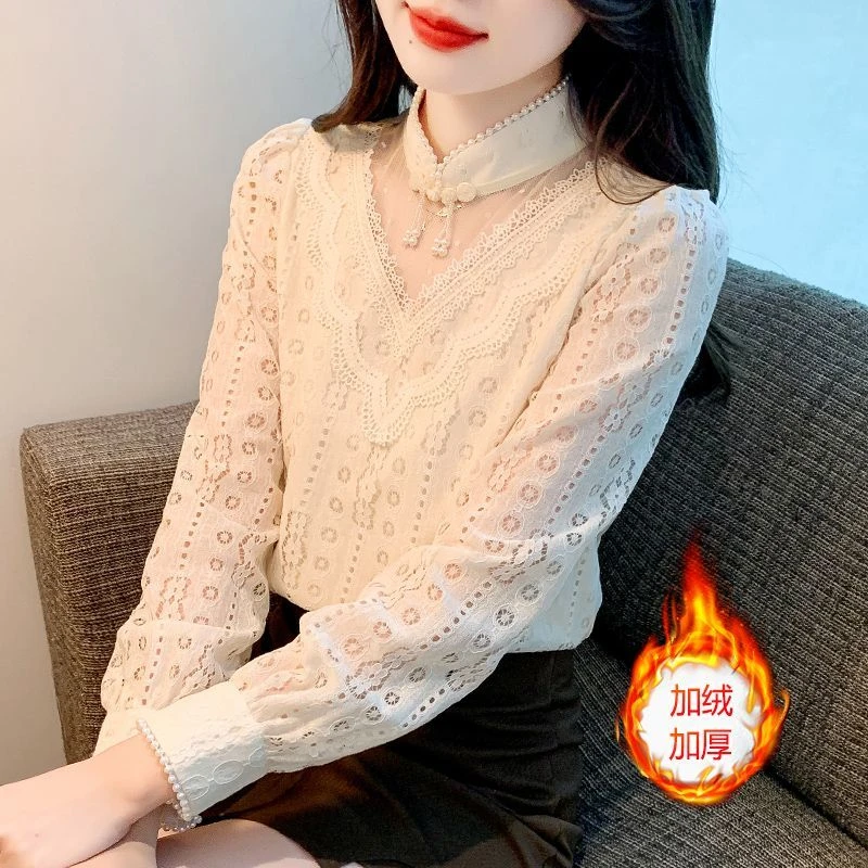 加绒加厚蕾丝打底衫女秋冬季内搭长袖小衫新款中国风改良旗袍上衣