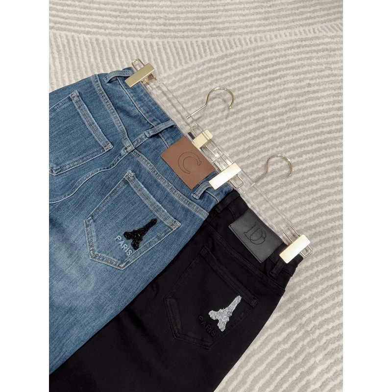 小直筒！裤长92 钉珠塔型牛仔裤 蓝黑双色可选！款号VE293